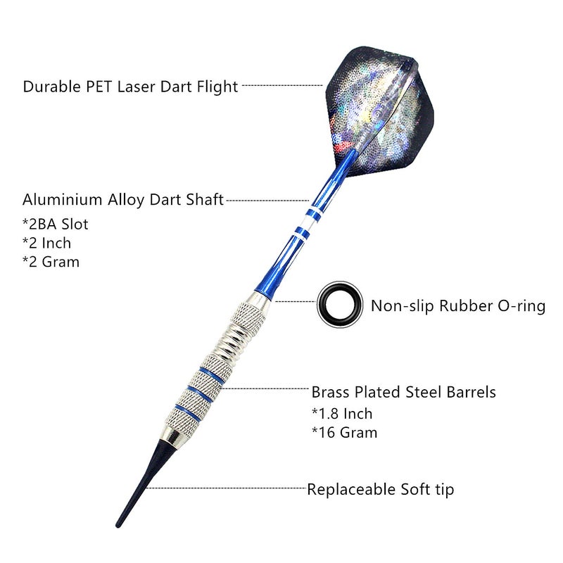 ROOBEEO Soft Tip Darts Set for Electronic Dart Board 18/22g Plastic Tip Darts Set with Brass Barrels&Aluminum Shafts, 6 Flights 3 Spare Plastic Dart Shaft 20 Soft Tips Portable Case (18g-Silver&Blue) - Image 2